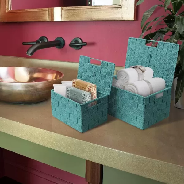 imageSorbus Storage Basket with Lid Mesh HandWoven Basket Decorative Storage Boxes with Lids Wicker Basket Organizers for Storage Variety Pack of 3  ChoclateAqua