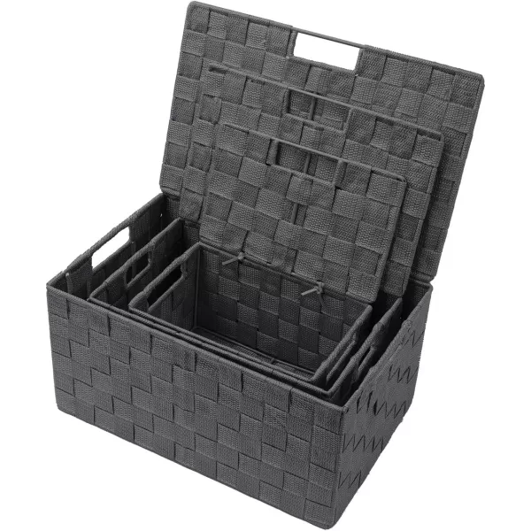 imageSorbus Storage Basket with Lid Mesh HandWoven Basket Decorative Storage Boxes with Lids Wicker Basket Organizers for Storage Variety Pack of 3  ChoclateGray