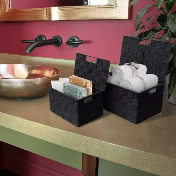 imageSorbus Storage Basket with Lid Mesh HandWoven Basket Decorative Storage Boxes with Lids Wicker Basket Organizers for Storage Variety Pack of 3  ChoclateBlack