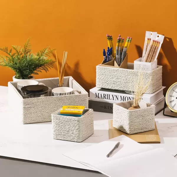 imageSorbus Storage Baskets 4Piece Set  Stackable Woven Basket Paper Rope Bin Boxes for Makeup Office Supplies Bedroom Closet BeigeBeige