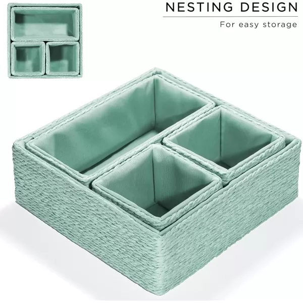 imageSorbus Storage Baskets 4Piece Set  Stackable Woven Basket Paper Rope Bin Boxes for Makeup Office Supplies Bedroom Closet BeigeTeal