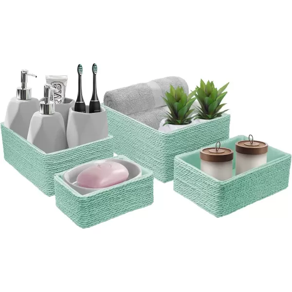 imageSorbus Storage Baskets 4Piece Set  Stackable Woven Basket Paper Rope Bin Boxes for Makeup Office Supplies Bedroom Closet BeigeTeal