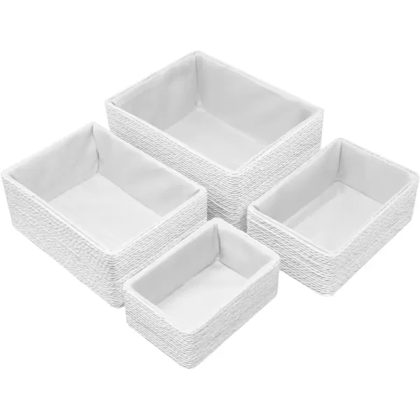 imageSorbus Storage Baskets 4Piece Set  Stackable Woven Basket Paper Rope Bin Boxes for Makeup Office Supplies Bedroom Closet BeigeWhite