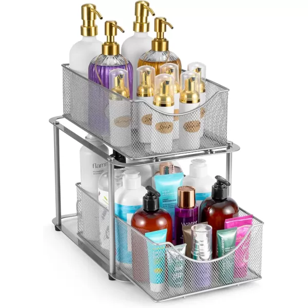 imageSorbus 2 Sets of 2 Tier Metal Under Sink Organizer for Bathroom Kitchen Strong Steel Mesh Sliding Drawers for Under Sink Under Cabinet Closet Kitchen Pantry Bathroom Organizers and StorageSilver
