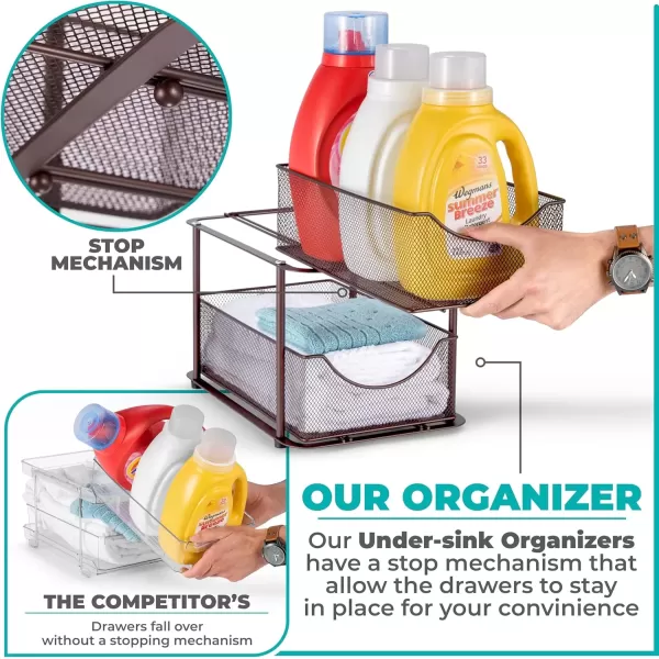 imageSorbus 2 Sets of 2 Tier Metal Under Sink Organizer for Bathroom Kitchen Strong Steel Mesh Sliding Drawers for Under Sink Under Cabinet Closet Kitchen Pantry Bathroom Organizers and StorageBronze