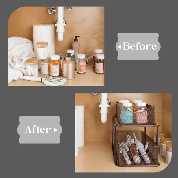 imageSorbus 2 Sets of 2 Tier Metal Under Sink Organizer for Bathroom Kitchen Strong Steel Mesh Sliding Drawers for Under Sink Under Cabinet Closet Kitchen Pantry Bathroom Organizers and StorageBronze