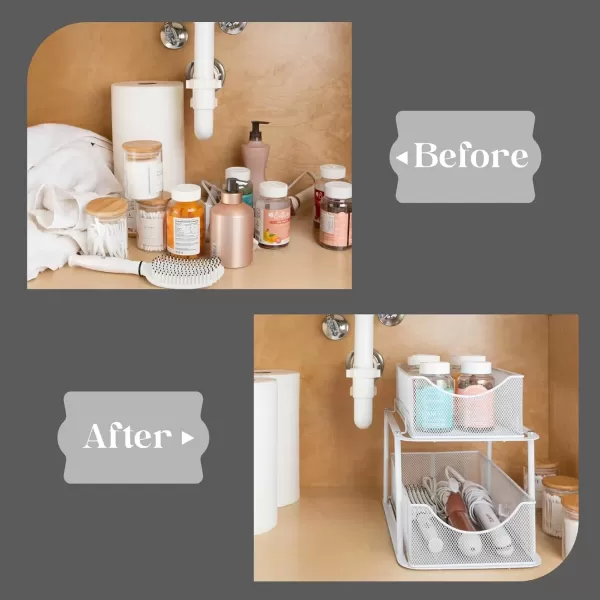 imageSorbus 2 Sets of 2 Tier Metal Under Sink Organizer for Bathroom Kitchen Strong Steel Mesh Sliding Drawers for Under Sink Under Cabinet Closet Kitchen Pantry Bathroom Organizers and StorageWhite