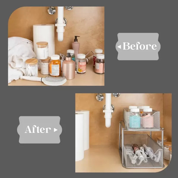 imageSorbus 2 Sets of 2 Tier Metal Under Sink Organizer for Bathroom Kitchen Strong Steel Mesh Sliding Drawers for Under Sink Under Cabinet Closet Kitchen Pantry Bathroom Organizers and StorageSilver