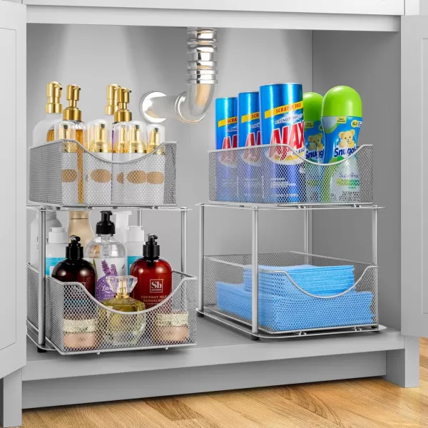 imageSorbus 2 Sets of 2 Tier Metal Under Sink Organizer for Bathroom Kitchen Strong Steel Mesh Sliding Drawers for Under Sink Under Cabinet Closet Kitchen Pantry Bathroom Organizers and StorageSilver