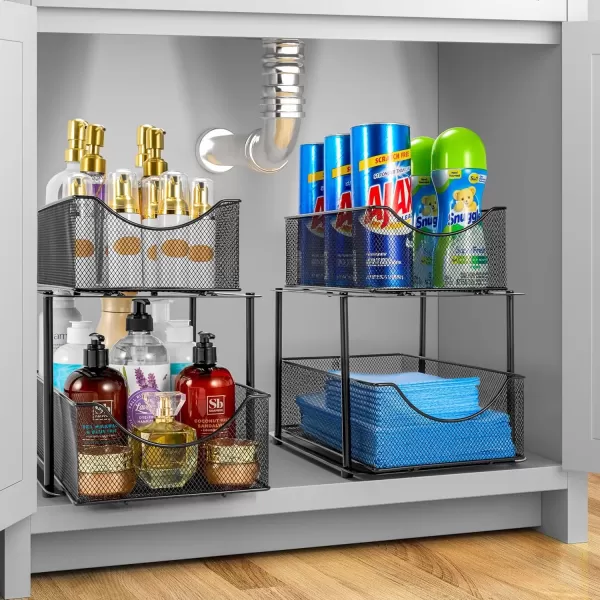 imageSorbus 2 Sets of 2 Tier Metal Under Sink Organizer for Bathroom Kitchen Strong Steel Mesh Sliding Drawers for Under Sink Under Cabinet Closet Kitchen Pantry Bathroom Organizers and StorageBlack