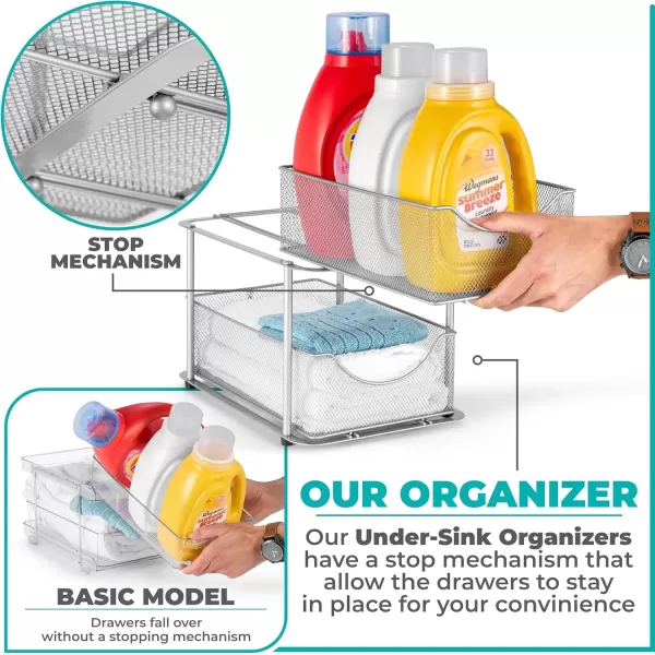 imageSorbus 2 Sets of 2 Tier Metal Under Sink Organizer for Bathroom Kitchen Strong Steel Mesh Sliding Drawers for Under Sink Under Cabinet Closet Kitchen Pantry Bathroom Organizers and StorageSilver