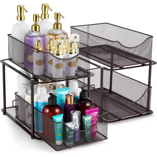 imageSorbus 2 Sets of 2 Tier Metal Under Sink Organizer for Bathroom Kitchen Strong Steel Mesh Sliding Drawers for Under Sink Under Cabinet Closet Kitchen Pantry Bathroom Organizers and StorageBronze
