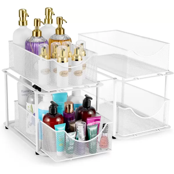 imageSorbus 2 Sets of 2 Tier Metal Under Sink Organizer for Bathroom Kitchen Strong Steel Mesh Sliding Drawers for Under Sink Under Cabinet Closet Kitchen Pantry Bathroom Organizers and StorageWhite