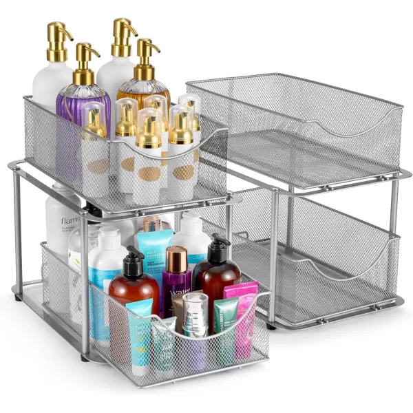 imageSorbus 2 Sets of 2 Tier Metal Under Sink Organizer for Bathroom Kitchen Strong Steel Mesh Sliding Drawers for Under Sink Under Cabinet Closet Kitchen Pantry Bathroom Organizers and StorageSilver