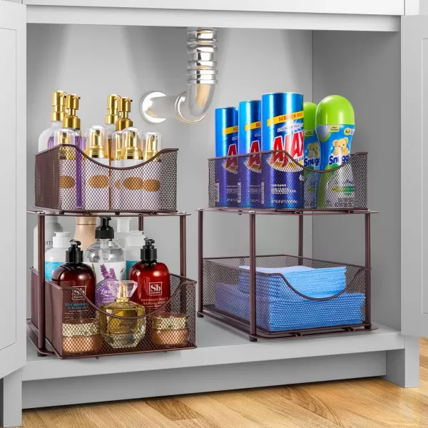 imageSorbus 2 Sets of 2 Tier Metal Under Sink Organizer for Bathroom Kitchen Strong Steel Mesh Sliding Drawers for Under Sink Under Cabinet Closet Kitchen Pantry Bathroom Organizers and StorageBronze