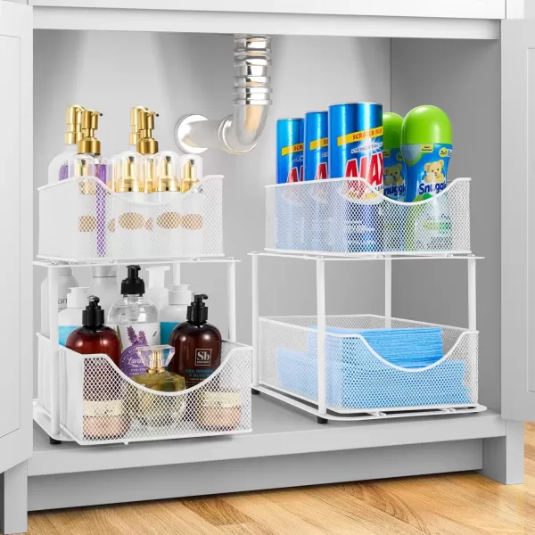 imageSorbus 2 Sets of 2 Tier Metal Under Sink Organizer for Bathroom Kitchen Strong Steel Mesh Sliding Drawers for Under Sink Under Cabinet Closet Kitchen Pantry Bathroom Organizers and StorageWhite
