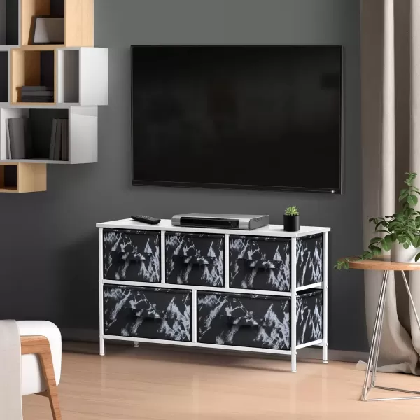 imageSorbus Dresser with 5 Drawers  Storage Chest Organizer Unit with Steel Frame Wood Top Easy Pull Fabric Bins  Long Wide TV Stand for Bedroom Furniture Hallway Closet ampamp Office OrganizationMarble BlackWhite Frame