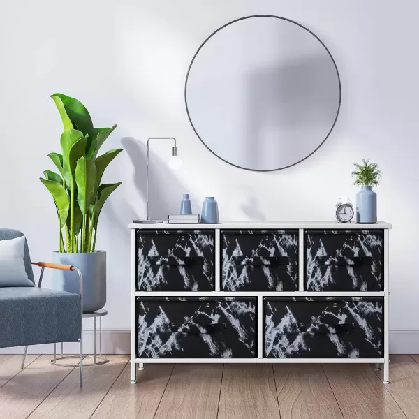 imageSorbus Dresser with 5 Drawers  Storage Chest Organizer Unit with Steel Frame Wood Top Easy Pull Fabric Bins  Long Wide TV Stand for Bedroom Furniture Hallway Closet ampamp Office OrganizationMarble BlackWhite Frame