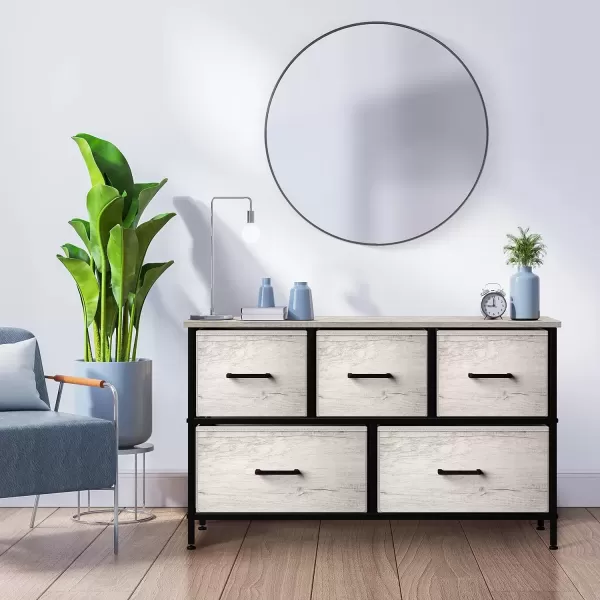 imageSorbus Dresser with 5 Drawers  Storage Chest Organizer Unit with Steel Frame Wood Top Easy Pull Fabric Bins  Long Wide TV Stand for Bedroom Furniture Hallway Closet ampamp Office OrganizationGriege