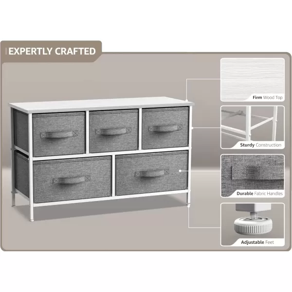 imageSorbus Dresser with 5 Drawers  Storage Chest Organizer Unit with Steel Frame Wood Top Easy Pull Fabric Bins  Long Wide TV Stand for Bedroom Furniture Hallway Closet ampamp Office OrganizationWhiteGray
