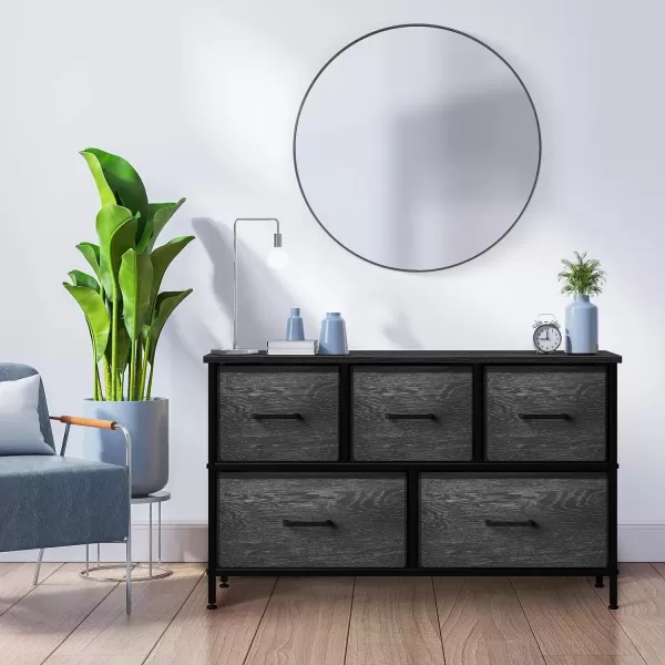 imageSorbus Dresser with 5 Drawers  Storage Chest Organizer Unit with Steel Frame Wood Top Easy Pull Fabric Bins  Long Wide TV Stand for Bedroom Furniture Hallway Closet ampamp Office OrganizationGray Wood