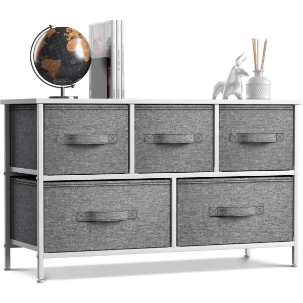 imageSorbus Dresser with 5 Drawers  Storage Chest Organizer Unit with Steel Frame Wood Top Easy Pull Fabric Bins  Long Wide TV Stand for Bedroom Furniture Hallway Closet ampamp Office OrganizationWhiteGray