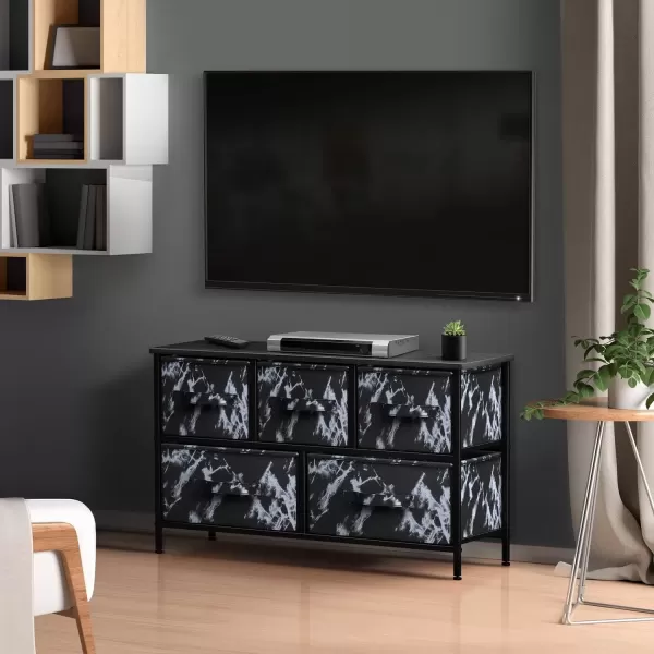 imageSorbus Dresser with 5 Drawers  Storage Chest Organizer Unit with Steel Frame Wood Top Easy Pull Fabric Bins  Long Wide TV Stand for Bedroom Furniture Hallway Closet ampamp Office OrganizationMarble BlackBlack Frame