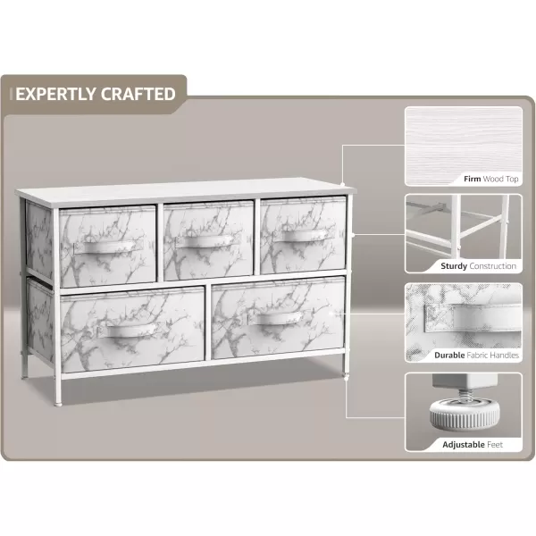 imageSorbus Dresser with 5 Drawers  Storage Chest Organizer Unit with Steel Frame Wood Top Easy Pull Fabric Bins  Long Wide TV Stand for Bedroom Furniture Hallway Closet ampamp Office OrganizationMarble WhiteWhite Frame