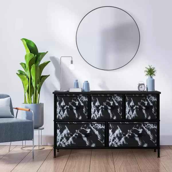 imageSorbus Dresser with 5 Drawers  Storage Chest Organizer Unit with Steel Frame Wood Top Easy Pull Fabric Bins  Long Wide TV Stand for Bedroom Furniture Hallway Closet ampamp Office OrganizationMarble BlackBlack Frame