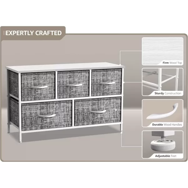imageSorbus Dresser with 5 Drawers  Storage Chest Organizer Unit with Steel Frame Wood Top Easy Pull Fabric Bins  Long Wide TV Stand for Bedroom Furniture Hallway Closet ampamp Office OrganizationGrayWhite