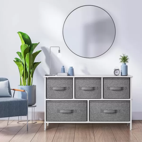 imageSorbus Dresser with 5 Drawers  Storage Chest Organizer Unit with Steel Frame Wood Top Easy Pull Fabric Bins  Long Wide TV Stand for Bedroom Furniture Hallway Closet ampamp Office OrganizationWhiteGray