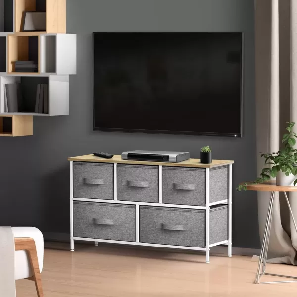 imageSorbus Dresser with 5 Drawers  Storage Chest Organizer Unit with Steel Frame Wood Top Easy Pull Fabric Bins  Long Wide TV Stand for Bedroom Furniture Hallway Closet ampamp Office OrganizationBeige