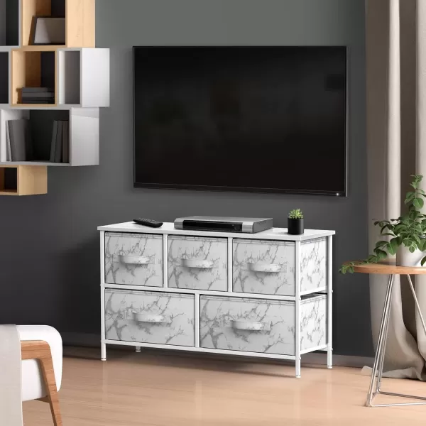 imageSorbus Dresser with 5 Drawers  Storage Chest Organizer Unit with Steel Frame Wood Top Easy Pull Fabric Bins  Long Wide TV Stand for Bedroom Furniture Hallway Closet ampamp Office OrganizationMarble WhiteWhite Frame