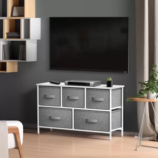 imageSorbus Dresser with 5 Drawers  Storage Chest Organizer Unit with Steel Frame Wood Top Easy Pull Fabric Bins  Long Wide TV Stand for Bedroom Furniture Hallway Closet ampamp Office OrganizationWhiteGray
