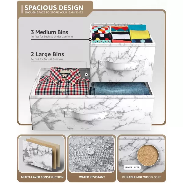 imageSorbus Dresser with 5 Drawers  Storage Chest Organizer Unit with Steel Frame Wood Top Easy Pull Fabric Bins  Long Wide TV Stand for Bedroom Furniture Hallway Closet ampamp Office OrganizationMarble WhiteWhite Frame