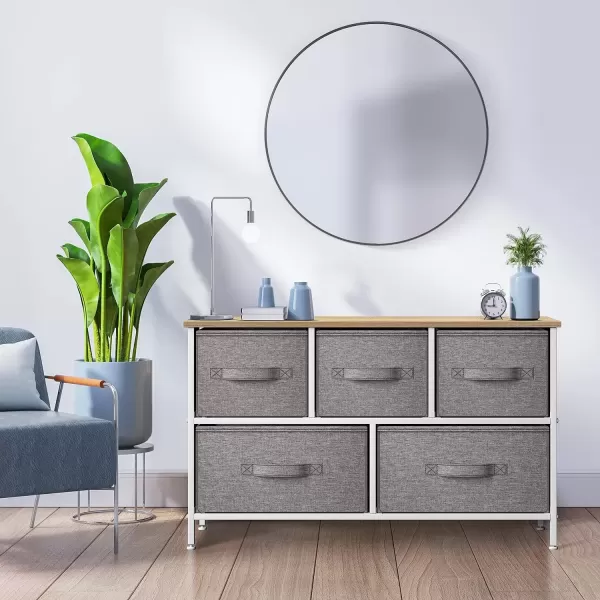imageSorbus Dresser with 5 Drawers  Storage Chest Organizer Unit with Steel Frame Wood Top Easy Pull Fabric Bins  Long Wide TV Stand for Bedroom Furniture Hallway Closet ampamp Office OrganizationBeige