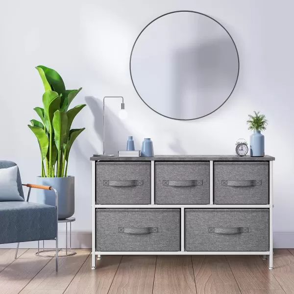 imageSorbus Dresser with 5 Drawers  Storage Chest Organizer Unit with Steel Frame Wood Top Easy Pull Fabric Bins  Long Wide TV Stand for Bedroom Furniture Hallway Closet ampamp Office OrganizationGrey