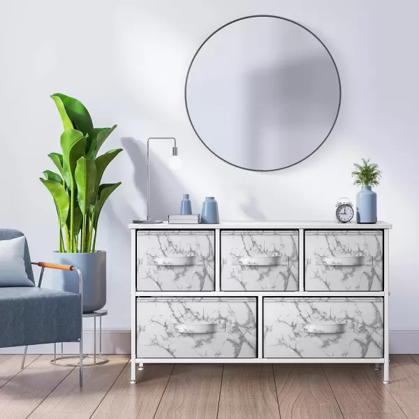 imageSorbus Dresser with 5 Drawers  Storage Chest Organizer Unit with Steel Frame Wood Top Easy Pull Fabric Bins  Long Wide TV Stand for Bedroom Furniture Hallway Closet ampamp Office OrganizationMarble WhiteWhite Frame