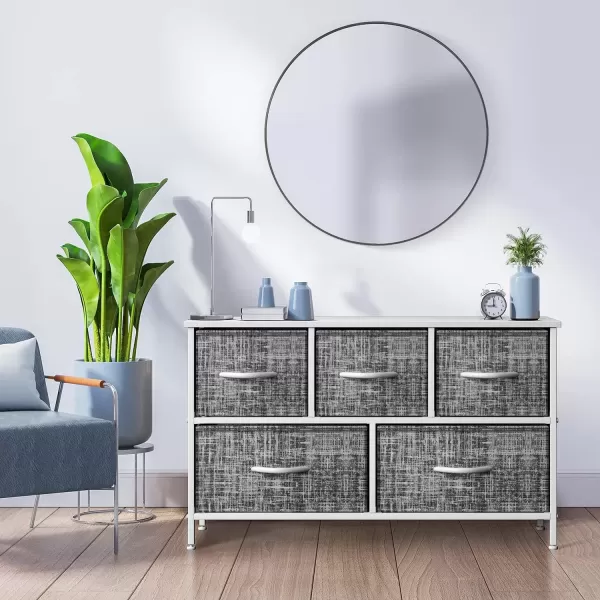 imageSorbus Dresser with 5 Drawers  Storage Chest Organizer Unit with Steel Frame Wood Top Easy Pull Fabric Bins  Long Wide TV Stand for Bedroom Furniture Hallway Closet ampamp Office OrganizationGrayWhite