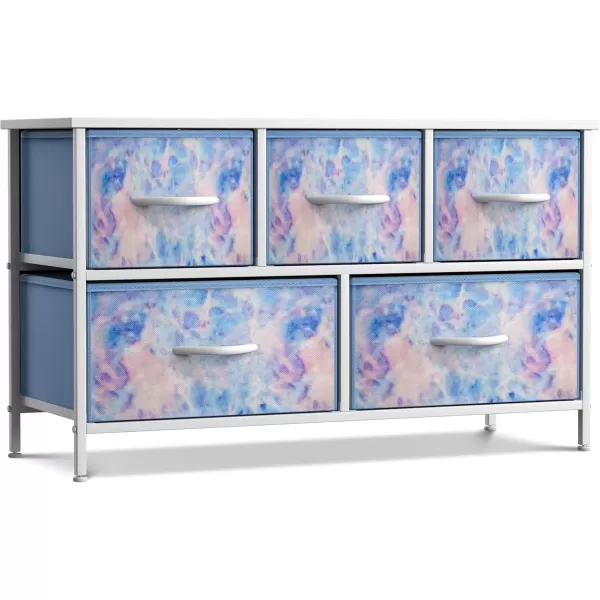 imageSorbus Kids Dresser with 5 Drawers  Storage Chest Organizer Unit with Steel Frame Wood Top Easy Pull Fabric Bins  Long Wide TV Stand for Bedroom Furniture Hallway Closet ampamp Office OrganizationTyedie Blue