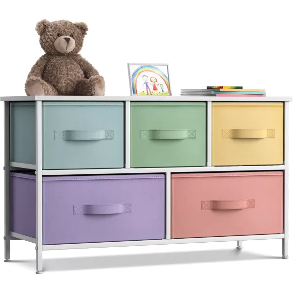 imageSorbus Kids Dresser with 5 Drawers  Storage Chest Organizer Unit with Steel Frame Wood Top Easy Pull Fabric Bins  Long Wide TV Stand for Bedroom Furniture Hallway Closet ampamp Office OrganizationMulti ColorWhite