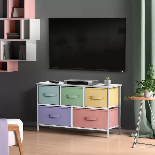 imageSorbus Kids Dresser with 5 Drawers  Storage Chest Organizer Unit with Steel Frame Wood Top Easy Pull Fabric Bins  Long Wide TV Stand for Bedroom Furniture Hallway Closet ampamp Office OrganizationMulti ColorWhite