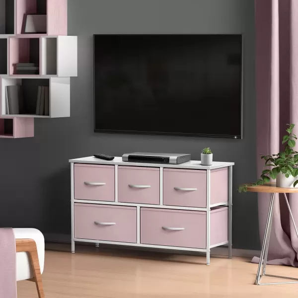 imageSorbus Kids Dresser with 5 Drawers  Storage Chest Organizer Unit with Steel Frame Wood Top Easy Pull Fabric Bins  Long Wide TV Stand for Bedroom Furniture Hallway Closet ampamp Office OrganizationPastel Pink