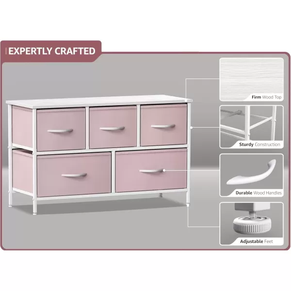 imageSorbus Kids Dresser with 5 Drawers  Storage Chest Organizer Unit with Steel Frame Wood Top Easy Pull Fabric Bins  Long Wide TV Stand for Bedroom Furniture Hallway Closet ampamp Office OrganizationPastel Pink