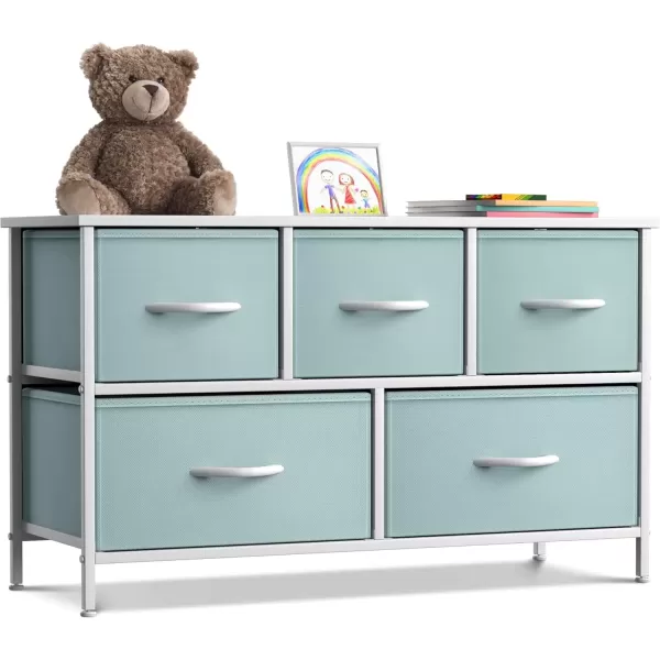 imageSorbus Kids Dresser with 5 Drawers  Storage Chest Organizer Unit with Steel Frame Wood Top Easy Pull Fabric Bins  Long Wide TV Stand for Bedroom Furniture Hallway Closet ampamp Office OrganizationPastel Aqua