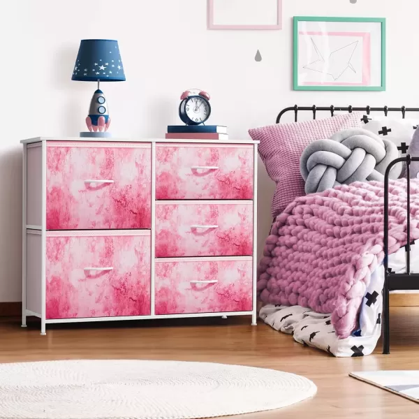 imageSorbus Kids Dresser with 5 Drawers  Storage Chest Organizer Unit with Steel Frame Wood Top ampamp Handles Tiedye Fabric Bins for Clothes  Wide Furniture for Bedroom Hallway Kids Room Nursery ampamp ClosetPink Tie Dye