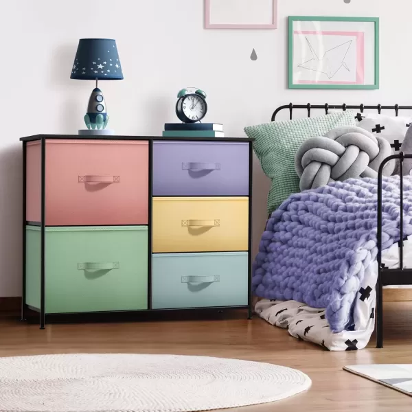 imageSorbus Kids Dresser with 5 Drawers  Storage Chest Organizer Unit with Steel Frame Wood Top ampamp Handles Tiedye Fabric Bins for Clothes  Wide Furniture for Bedroom Hallway Kids Room Nursery ampamp ClosetPastelBlack