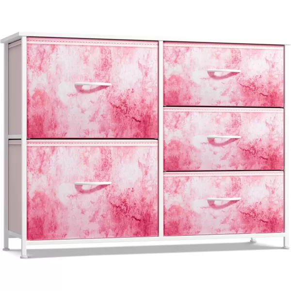 imageSorbus Kids Dresser with 5 Drawers  Storage Chest Organizer Unit with Steel Frame Wood Top ampamp Handles Tiedye Fabric Bins for Clothes  Wide Furniture for Bedroom Hallway Kids Room Nursery ampamp ClosetPink Tie Dye