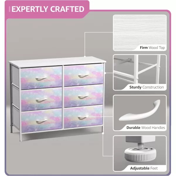 imageSorbus Kids Dresser with 6 Drawers  Storage Chest Organizer Nightstand  Steel Frame Wood Top TieDye Fabric Bins for Clothes  Wide Furniture for Bedroom Hallway Nursery Closet ampamp ApartmentRainbow Sparkle