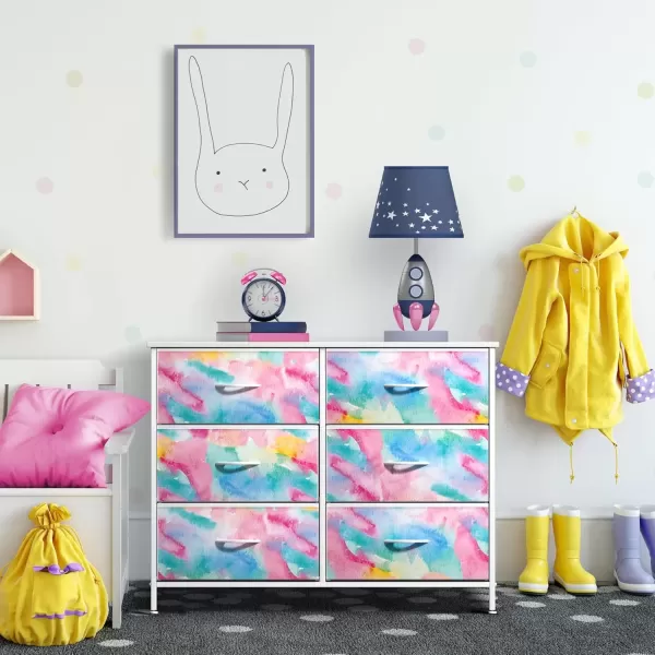 imageSorbus Kids Dresser with 6 Drawers  Storage Chest Organizer Nightstand  Steel Frame Wood Top TieDye Fabric Bins for Clothes  Wide Furniture for Bedroom Hallway Nursery Closet ampamp ApartmentWatercolor